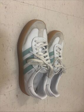 adidas White Sambas with Mint Green Stripes and Gum Sole